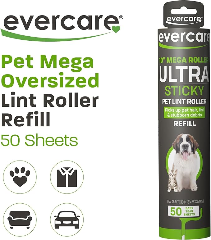 Evercare 10” Mega All-Purpose Pet Hair Lint Roller Refill, 50 Sheets – Sticky Roller for Pet Hair, Cat & Dog Hair Remover, Lint Remover, Pet Hair Remover for Furniture, Clothing & Cars-PawvioPets