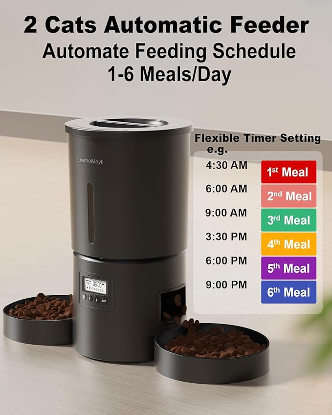 Automatic Dual Cats Feeder for 2 Cats,6 Meals/Day,12 Portions/Meal,Dual Power Auto Pet Feeder Dry Food Dispenser,Flexible Schedule Timer 10S Voice Record (Black, ABS Dual Bowls)-PawvioPets