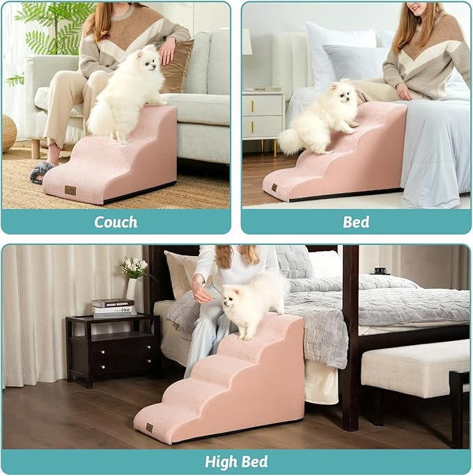 Dog Stairs for Small Dogs 15.7" H, Curved Dog Step for Puppy, Older Cat, Medium Pet Ramp for Sofa, Couch or Bed, Ladder with High Density Foam, 15.7x22.4x15.7 inch, 3 Step, Pink-PawvioPets