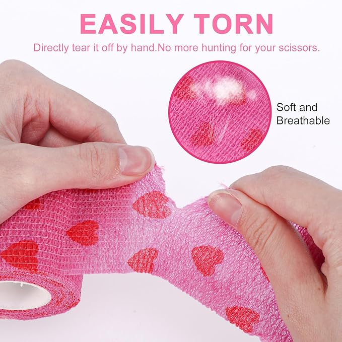24 Pack Self Adhesive Vet Wrap & Medical Tape, 2 Inch x 5 Yards Cohesive Bandage Wrap - Pink Heart Grip Tape for Ankle, Wrist Sprains, Sports, Pet First Aid-PawvioPets