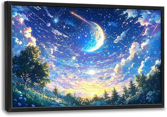 Framed Large Anime Sky Wall Art for Living Room, Oversized Fantasy Night Sky Forest Wall Decor Nature Canvas Painting Modern Artwork Home Decoration for Living Room Bedroom Office 36"x24"-PawvioPets