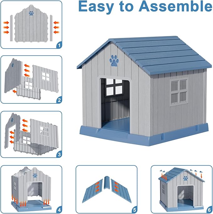 Dog House Indoor Outdoor for Small to Large Sized Dogs Resin Outdoor Dog House with Ventilation Puppy Shelter with Elevated Floor, Easy to Assemble, Blue-PawvioPets