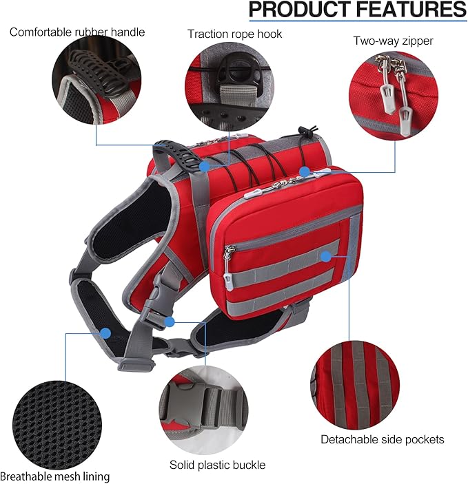BYGD Dog Hiking Backpack, Dog Backpack for Medium to Large Dogs, with Large Capacity, 2 Spacious Side Bags for Walking, Training, Running, Harnessing Outdoor Hiking (L XL Red).-PawvioPets