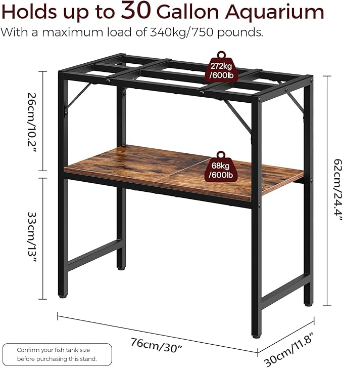 30 Gallon Fish Tank Stand, Aquarium Stand with 2-Tier Storage Shelves, Heavy Duty Breeder Turtle Terrarium Stand Rack for Home Office, 30.0" L x 11.8" W x 24.4" H, Rustic Brown FTHR3001-PawvioPets