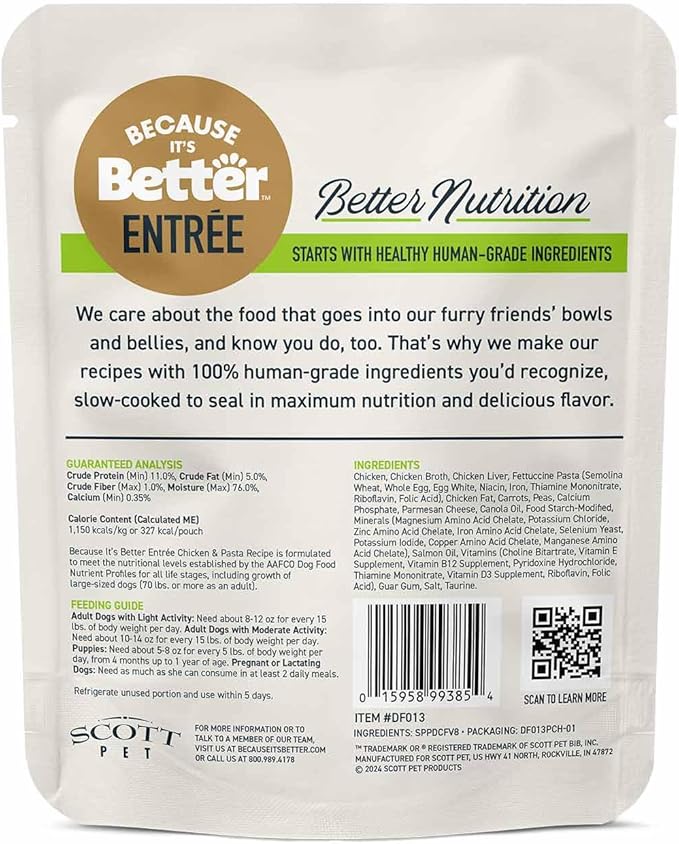 Because it's Better Entrée Complete Meal, Chicken & Pasta Recipe, Human Grade Wet Dog Food, 10 oz Pouches, 6 Count-PawvioPets