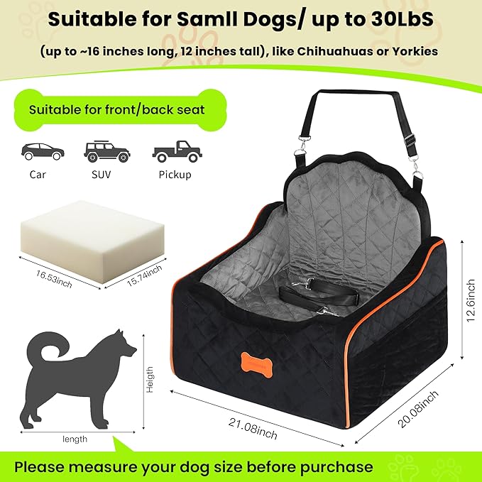 Dog Car Seat for Small Dogs Under 30lbs, Detachable Washable Pet Booster Seat with Safety Belt & Storage Pockets, Travel Car Bed, Black/Grey-PawvioPets