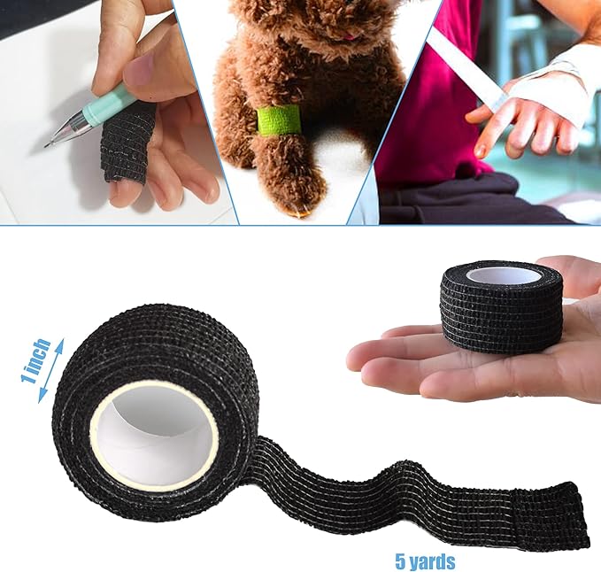 9 Pack 1" x 5 Yards Self Adhesive Bandage Wrap Self Stick Wrap for Ankle, Wrist, Finger, Sports, Breathable Cohesive Vet Tape for Pets (Black)-PawvioPets