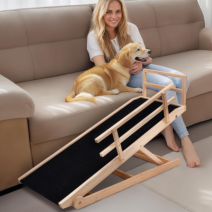 Dog Ramp, 5 Level Adjustable Height Folding Pet Ramp for High Bed, Portable Paw Ramps Large Bed Ramp for Medium & Large Old Dogs & Cats - Natural Wood Furniture Quality-PawvioPets