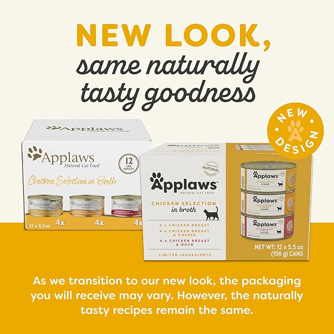 Applaws Natural Wet Cat Food in Broth, Made with Limited and Natural Ingredients, Chicken Selection Variety Pack in Broth (12 x 5.5oz Cans)-PawvioPets