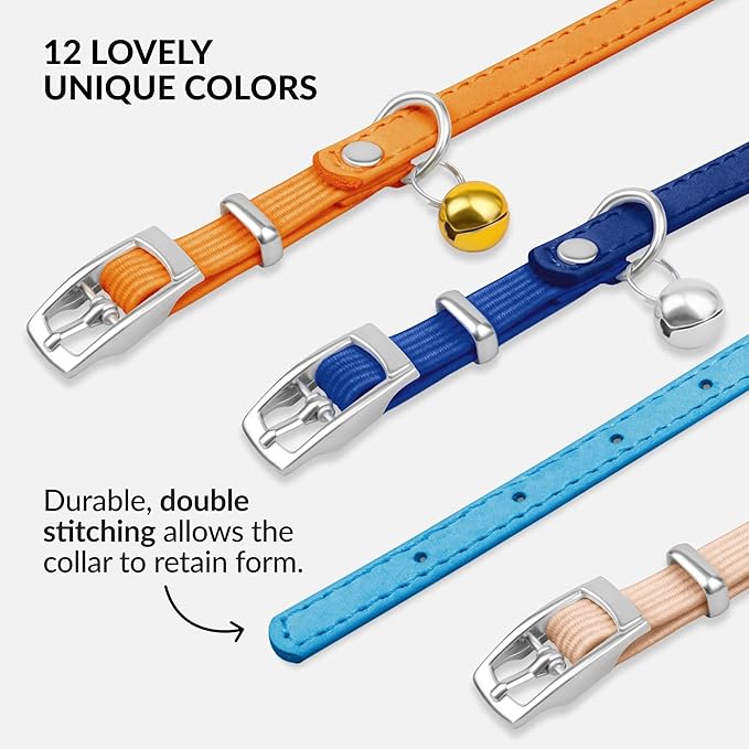 CollarDirect Leather Cat Collar with Bell - Kitten Collar, Small and Big Cat for Boy Cats, Girl Cats with Safety Elastic Strap (Neck Fit 6"-7", Light Blue)-PawvioPets