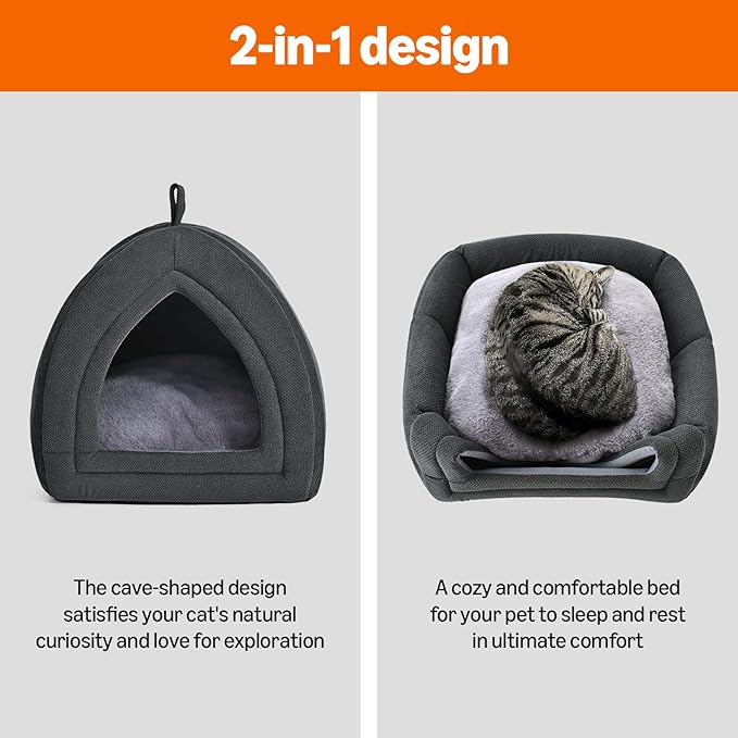 Amazon Basics Cat Cave Bed, 2-in-1 Foldable House for Indoor Cats, with Washable Cushion and Non-Slip Base, 15 x 15 Inches, Small-PawvioPets