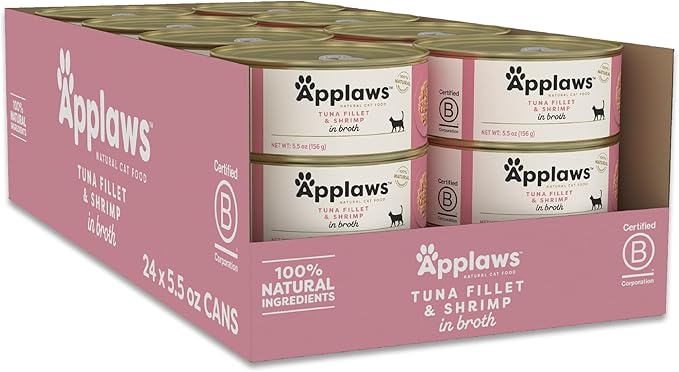 Applaws Natural Wet Cat Food in Broth, Limited Ingredient Canned Wet Cat Food, No Additives, Made with Natural Ingredients, Tuna Fillet & Shrimp in Broth (6 x 5.5oz Cans)-PawvioPets