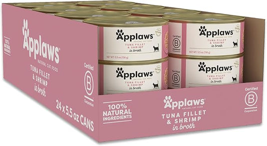 Applaws Natural Wet Cat Food, 24 Count, Limited Ingredient Canned Wet Cat Food, Tuna Fillet with Shrimp in Broth, 5.5oz Cans-PawvioPets
