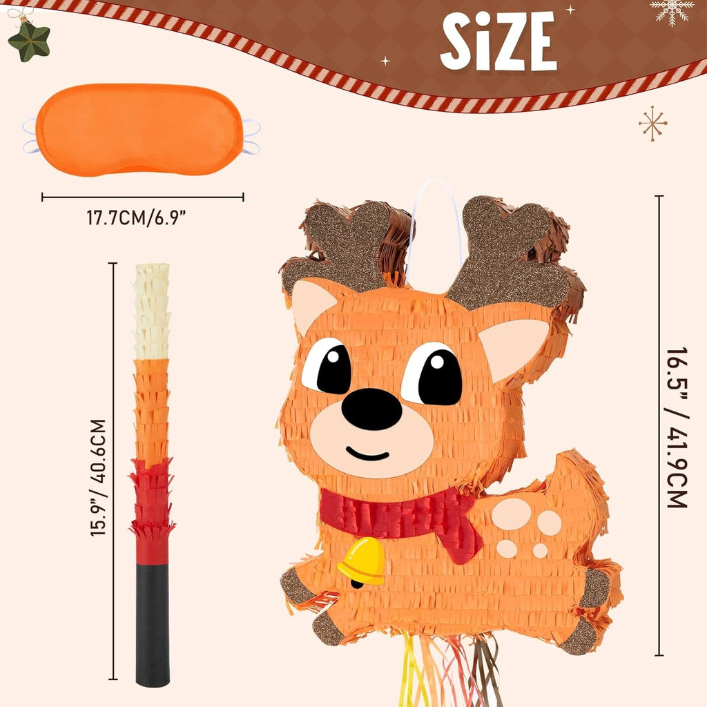 WERNNSAI Christmas Reindeer Pinata - Christmas Elk Decorations Xmas Reindeer Party Games for Kids Merry Xmas Decorations Indoor Outdoor Festival Carnival Party Supply Xmas Pinata with Blindfold Bat