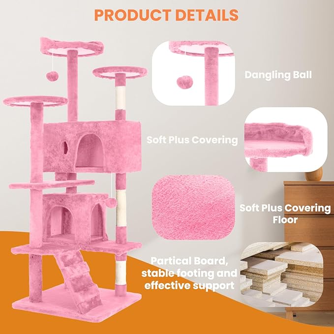 54.7 inches Cat Tower for Indoor Cats, Multi-Level Cat Condos with Scratching Posts, Hanging Toys, Pink-PawvioPets