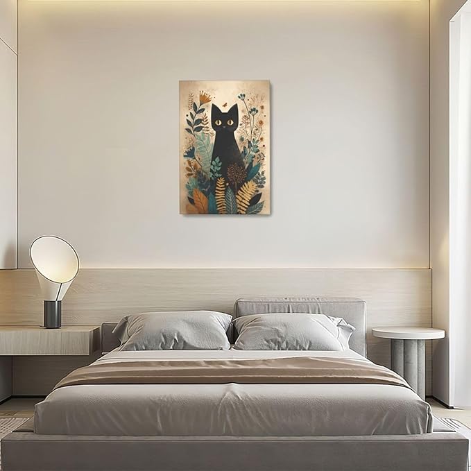 Boho Black Cat Wall Art Kitten Botanical Wall Decor Mid Century Modern Canvas Painting Print Minimalist Pictures Artwork Framed Decorations Gifts for Cat Lover Bathroom Nursery Living Room Bedroom Kitchen 16"x24"-PawvioPets