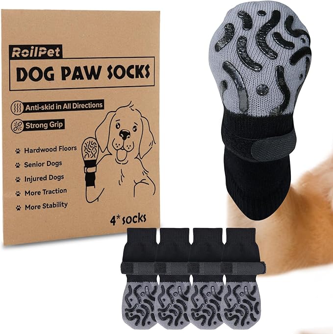 Double Sides Non-Slip Dog Socks to Prevent Licking Paws - Strong Traction for Hardwood Floors, Senior Dogs, Paw Protector, Dog Socks with Grippers - Black-PawvioPets