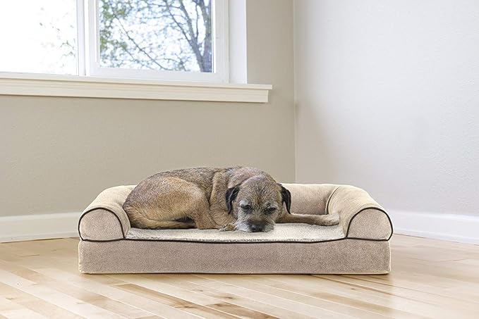Furhaven Cooling Gel Dog Bed for Medium/Small Dogs w/ Removable Bolsters & Washable Cover, For Dogs Up to 35 lbs - Sherpa & Chenille Sofa - Cream, Medium-PawvioPets