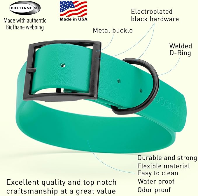 Dogline Biothane Waterproof Dog Collar Strong Coated Nylon Webbing with Black Hardware Odor- Proof for Easy Care Easy to Clean High Performance Fits Small Medium or Large Dogs, Teal-PawvioPets