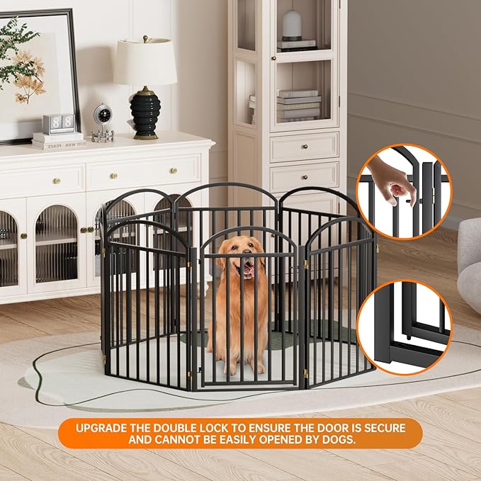 8 Panles Full Matel Freestanding Dog Gates with Door, 192"Extra Wide 32"Tall Free Standing Dog Pet Gate for Indoor & Outdoor. Foldable Pet Fences for Doorways, House, Stairs, Porch, Deck, Yard-PawvioPets