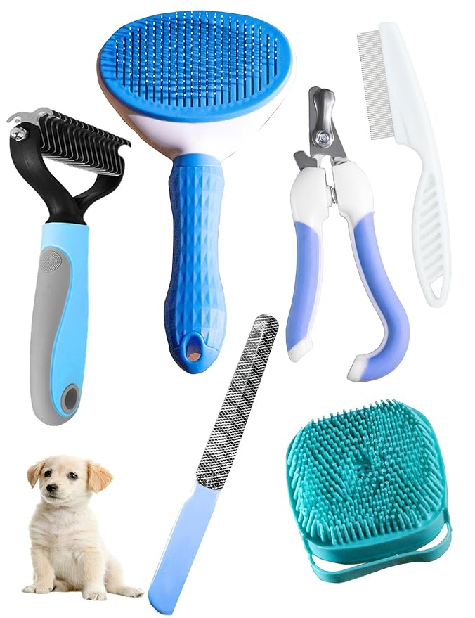 6ps Dog Cat Brush Grooming Kitf, Dog Cat Brushes, Bath Brush, Dematting Rake and Comb, Nail Clipper, Nail File, Flea Comb (Blue 6 Kits)-PawvioPets