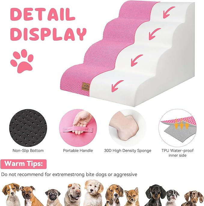 Dog Ramp and Stair for Bed 16" H-20 H,3-Step Cat Stair for Sofa and Chair,4-Step Dog Ramp for High Bed and Window,Durable Nonslip Fabric Cover for Indoor (Pink-20 H, Pet Friendly, 4)-PawvioPets