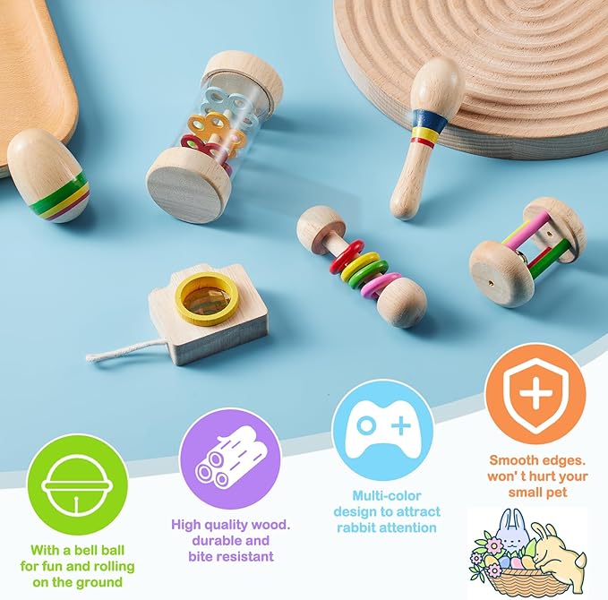 6 Pcs Wooden Bunny Toys - Safe Rabbit & Guinea Pigs Teeth Grinding Toys for Chinchillas, Hamsters & Small Animals - Indoor & Outdoor-PawvioPets