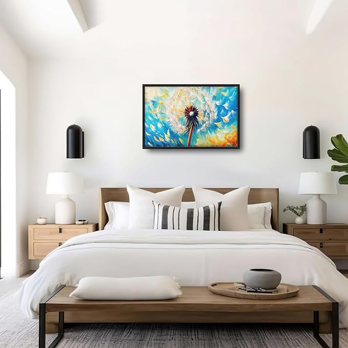 Extra Large Abstract Dandelion Framed Wall Art for Living Room,Oversized Colorful Dandelion Flower Pictures Wall Decor,Blue Canvas Print Painting Modern Artwork Bedroom Office Bathroom 36L" x 24W"-PawvioPets