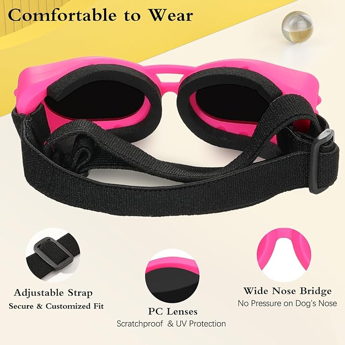 Dog Sunglasses Small Breed, Small Dog Goggles with Adjustable Straps, UV/Wind/Dust/Fog Proof Dog Eye Protection Sunglasses for Outdoor Car Driving Riding, Pink-PawvioPets