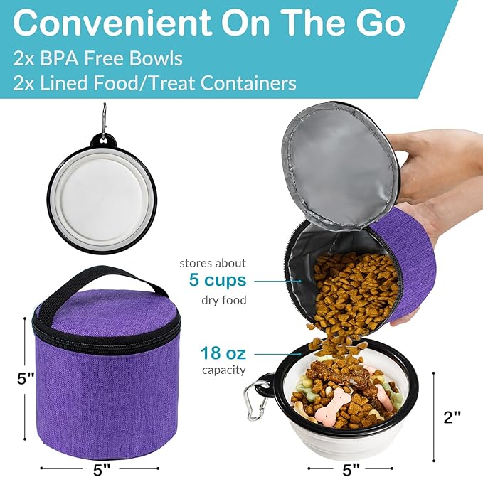 Dog Travel Bag with Treat Pouch, Airline Approved Dog Bags for Traveling, 2 Dog Food Travel Container, 2 Travel Bowls, Weekend Dog Travel Bag for Supplies, Dog Travel Kit Accessories-PawvioPets