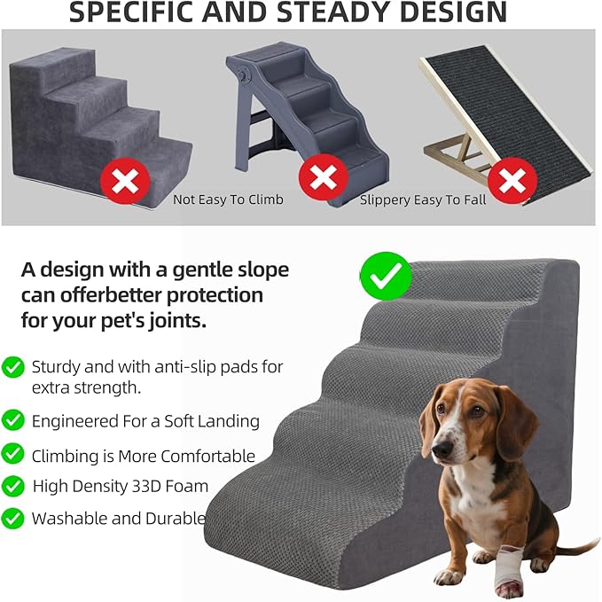 5 Step Pet Stairs Ramp for High Beds Sofas 5-30 Inch with Sturdy Non Slip Waterproof Pads, Machine Washable Cover Indoor Balanced Design for Cats Dogs Small Medium Large XL Pets Grey (Grey, Large, 1)-PawvioPets