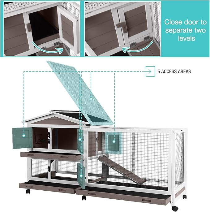 62" Rabbit Hutch with Chew-Proof Ramp & Waterproof Roof - Indoor/Outdoor Bunny Cage, 2-Story Design, 6 Lockable Caster Wheels & Dual Pull-Out Trays (Brown)-PawvioPets