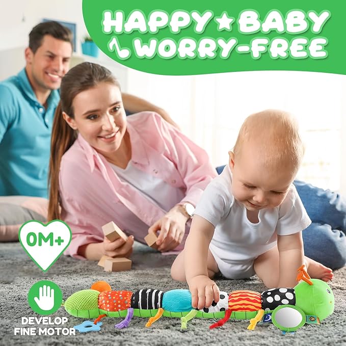 Baby Toys 0-6-12 Months,Musical Caterpillar Stuffed Animals Activity Infant Toys with Crinkle,Rattles,Mirror&Pull String,Muti-Sensory Toys Gifts for Newborn Tummy Time,Green,Knot prolegs-PawvioPets