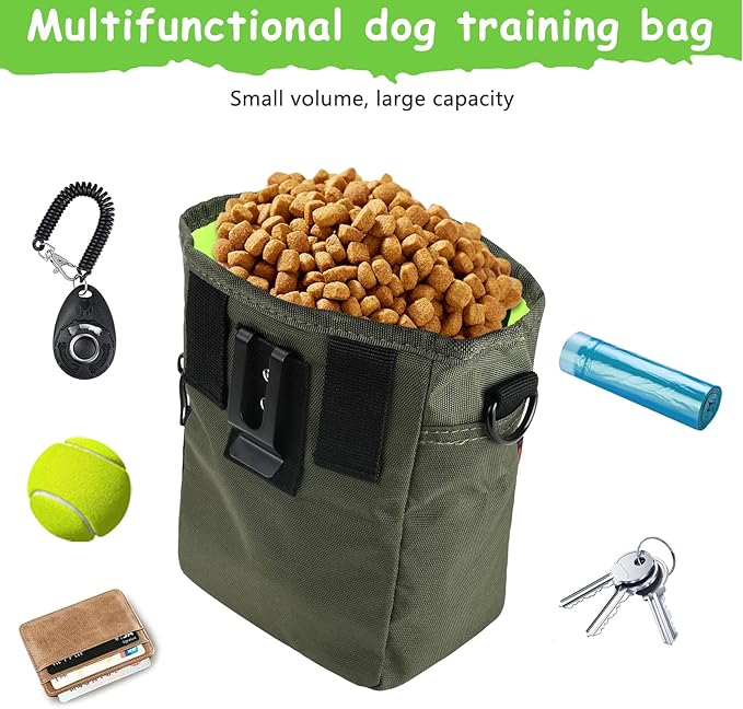 Dog Treat Pouches for Pet Training with Magnetic Closure Treat Pouches for Pet Training,Large Dog Treat Training Pouch and Dog Clicker,Training Treat Pouch Built-in Poop Bag Dispenser-Green-PawvioPets