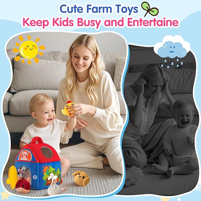 Baby Toys 6-12 Months, Barn with Stuffed Farm Animals, Montessori Toy for Babies, Sensory Toys for Toddlers 1-3, Portable Baby Farmhouse Toy, Birthday Gift for Infants & Toddlers-PawvioPets