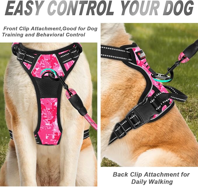 BARKBAY No Pull Dog Harness Front Clip Heavy Duty Reflective Easy Control Handle for Large Dog Walking(Pink camo,M)-PawvioPets