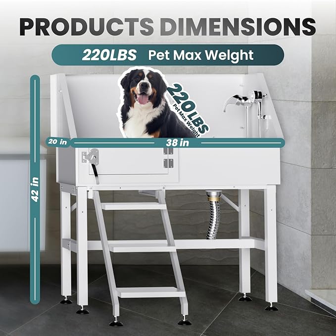 Dog Washing Station for Home, 38" White Professional Stainless Steel Dog Grooming Tub, Height Adjustable Dog Bathing Station, Upgrade Parts, Dog Bath Tubs for Small & Medium Dogs(Left Stair)-PawvioPets