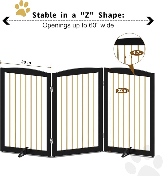Freestanding Pet Gate for Dogs, Foldable Wooden Dog Gate for House Indoor, Step Over Pet Puppy Safety Fence for Stair, Doorway,Hall, Support Feet Included,3 Panels 32",Black&Gold-PawvioPets