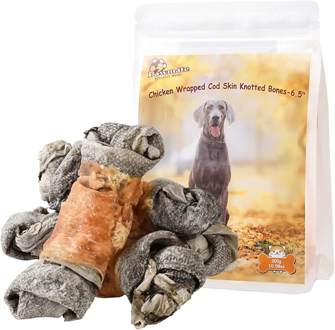 Dog Treats Chicken Wrapped Cod Skin Knotted Bones-6.5", All-Natural Healthy Fish Skin Dog Chew Treats, Rich in Omega-3 Protein, 4 Counts, 10.6 OZ-PawvioPets