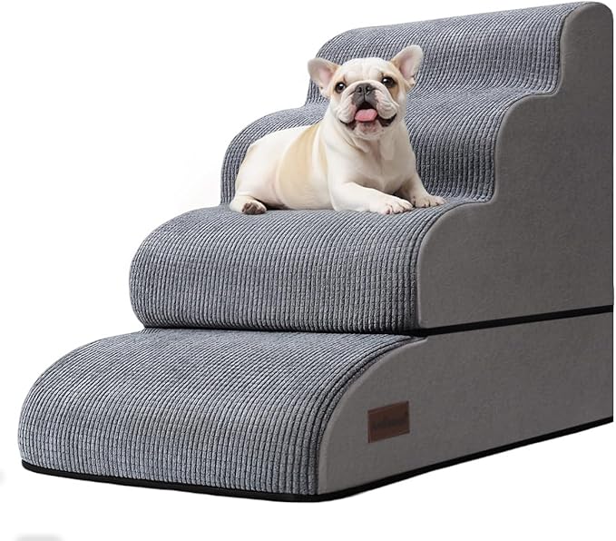 4-Step Dog Stairs and Ramp for Beds or Couches – Non-Slip Sturdy Pet Steps for Small Dogs and Cats,21" H,Grey-PawvioPets