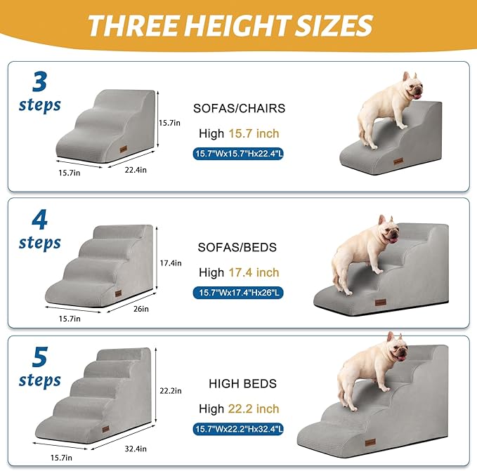 4-Step Dog Stairs and Ramp for Beds or Couches,Non-Slip Sturdy Pet Steps for Small Dogs and Cats,17.4" H,Light Grey-PawvioPets