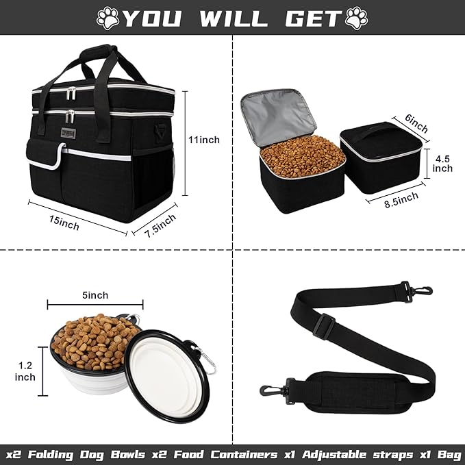 BAGLHER Dog Travel Bag for Supplies - Double-Layer Airline Approved Weekend Pet Travel Organizer Set for Dog and Cat Tote with 2 Pet Food Containers and 2 Collapsible Silicone Bowls Black-PawvioPets