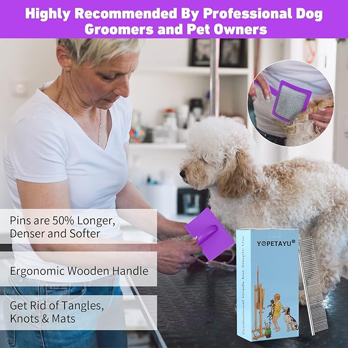 Dog Slicker Brush for Shedding and Grooming Medium or Long Haired Cats, Extra Long & Soft Pin Slicker Brush for Removes Loose Hair, Tangles, Knots, Undercoat, Free Pet Comb, Large Purple-PawvioPets