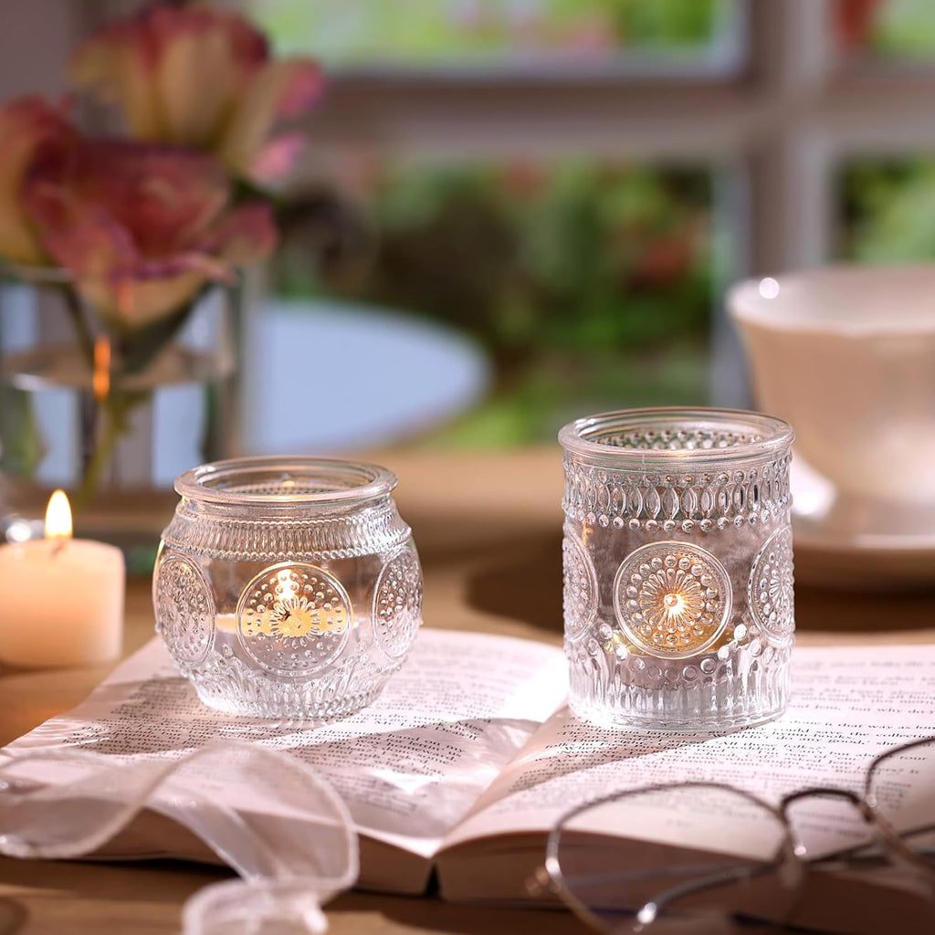 DARJEN 24Pcs Clear Votive Candle Holders - Glass Tea Light Candle Holder, Candle Holders Bulk, Embossed Candle Votives for Wedding Centerpiece & Home Decor
