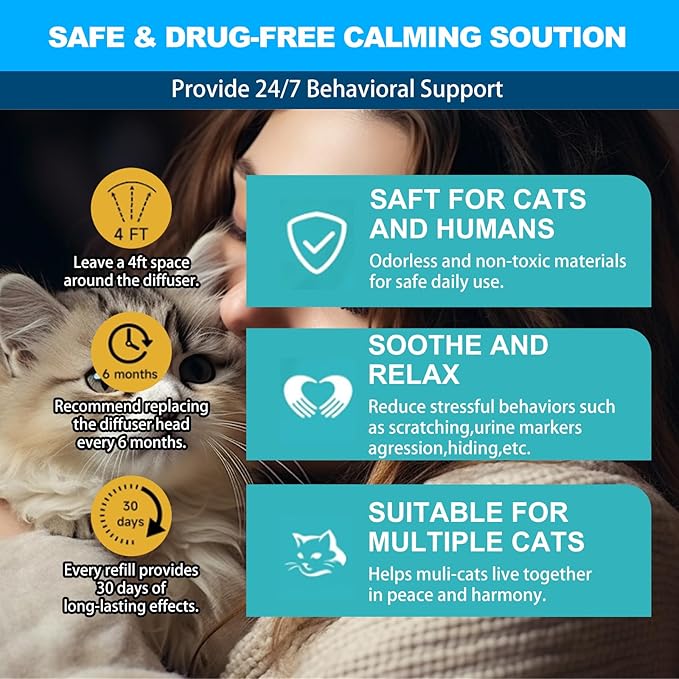 Cat Calming Diffuser, Cat Pheromones Calming Diffuser with 2 Diffuser + 4 Refill 48ml, 6-in-1 Cat Anxiety Relief Cat Pheromone Diffuser Kit 120 Days, Pheromone Diffuser to Calm Cats-PawvioPets