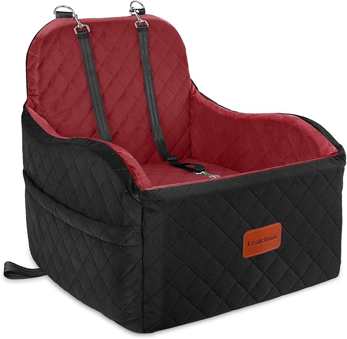 Dog Booster Car Seat for Small/Medium Dogs,Puppy Portable Car Bed with Elevated Cushion,Fully Detachable and Washable,2 Storage Pockets,Easy to Install (Blakc/Red, Medium)-PawvioPets