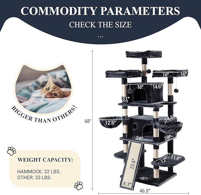 Allewie 68 Inches Cat Tree/House and Towers for Big Feline/Scratching Post/Multi-Level Large Kitty Climbing Tree with Condo/Smokey Grey-PawvioPets