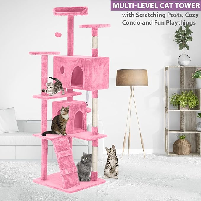 70 inches Cat Tower for Indoor Cats Multi-Level Cat Condos for XL Cat Tree Cat Climbing Tower with Scratching Posts, Hanging Toys,Pink-PawvioPets