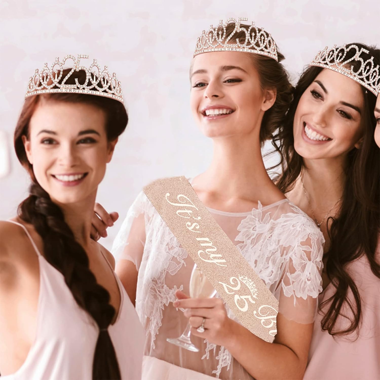 25th Birthday Decorations for Women Including Sash, Tiara/Crown, Numeral Candles and Cake Topper, 25th Birthday Gifts for Women, Rose Gold Party Favor Supplies