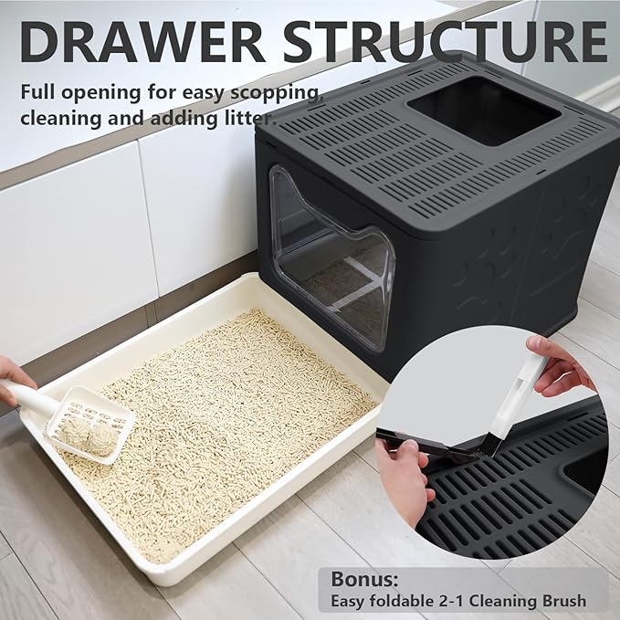Foldable Cat Litter Box with Lid, Enclosed Potty, Large Top Entry Anti-Splashing Toilet, Easy to Clean Including Litter Scoop and 2-in-1 Cleaning Brush (Black)-PawvioPets